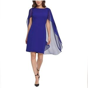 DKNY Royal Blue Asymmetrical Dress with Sheer Overlay